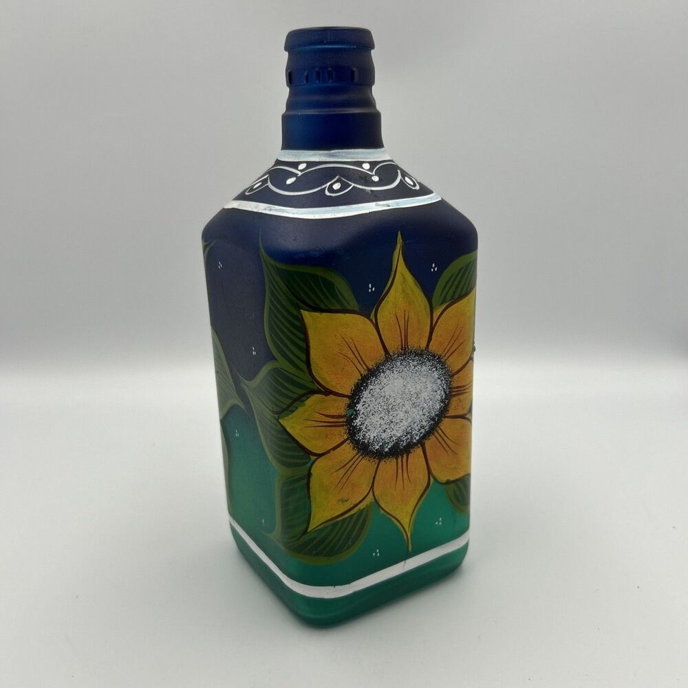 VTG Hand Painted Amatlan Mexico Glass Bottle Sunflower Folk Art Blue Green Decor